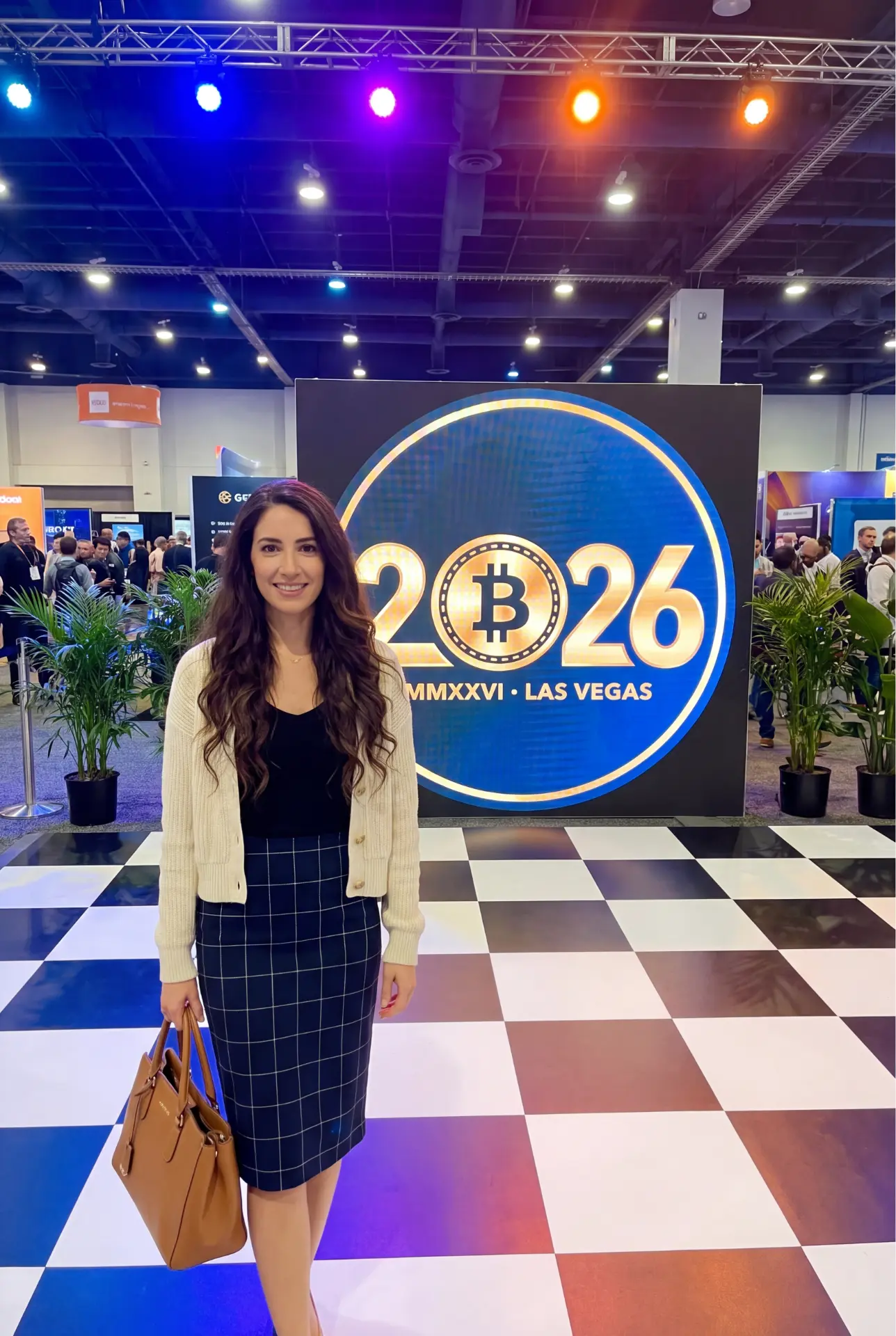 Attendee in front of a lit Bitcoin 2026 Las Vegas sign on the expo floor
