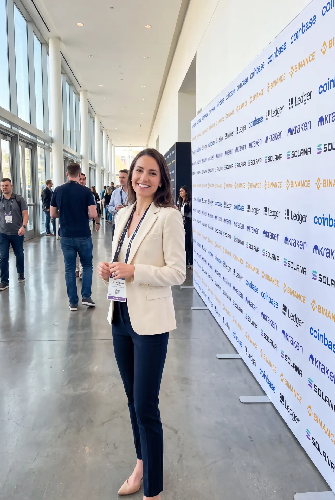 Attendee with a conference badge in front of a sponsor wall of exchange and protocol logos